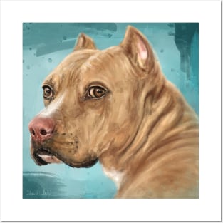 Painting of a Red Nose Pit Bull With Soulful Eyes, Blue Background Posters and Art
